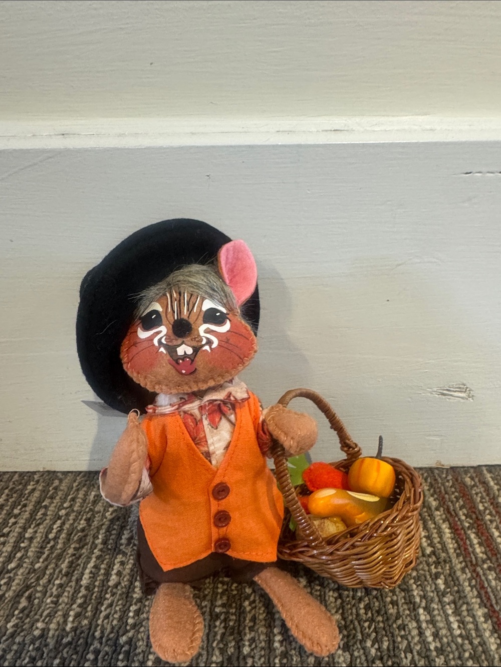 Annalee Black-Hatted Plush Fox with Orange Accents and Gray Tail